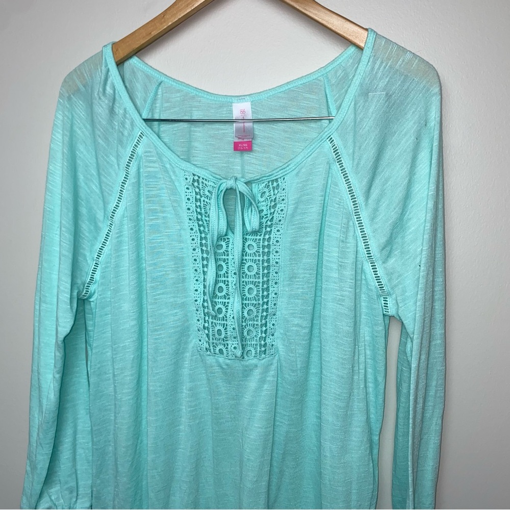 No Boundaries Aqua Blue Crochet Tunic Top w/ Bow Women’s XL - Picture 2 of 6